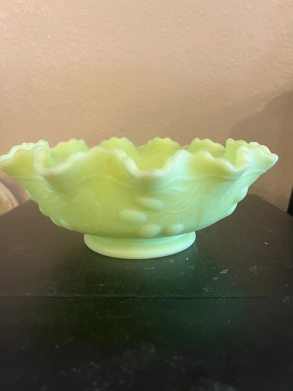 Fenton Art Glass Persian Medallion Ruffled Bowl Satin Custard Glass 1970s